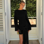 Round Neck Pleated Lace up Long Sleeved Slim Fit Short Dress