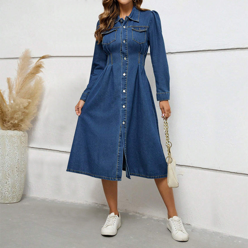 Denim Waist Controlled Long Sleeves Dress