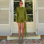 Round Neck Pleated Lace up Long Sleeved Slim Fit Short Dress