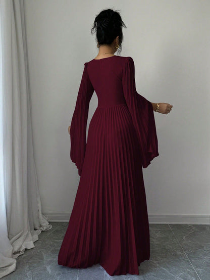Maxi Dress V Plunge Long Sleeve Dress