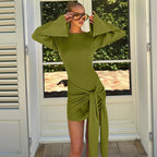 Round Neck Pleated Lace up Long Sleeved Slim Fit Short Dress