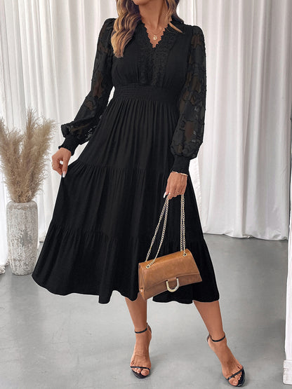 Autumn Sweet Elegant V neck Tight Waist Lace Long Sleeve Solid Color Dress