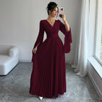 Maxi Dress V Plunge Long Sleeve Dress