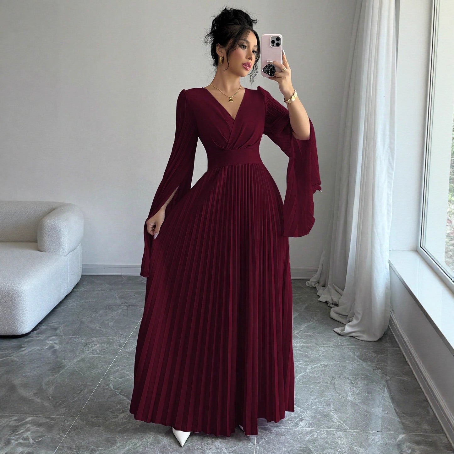 Maxi Dress V Plunge Long Sleeve Dress