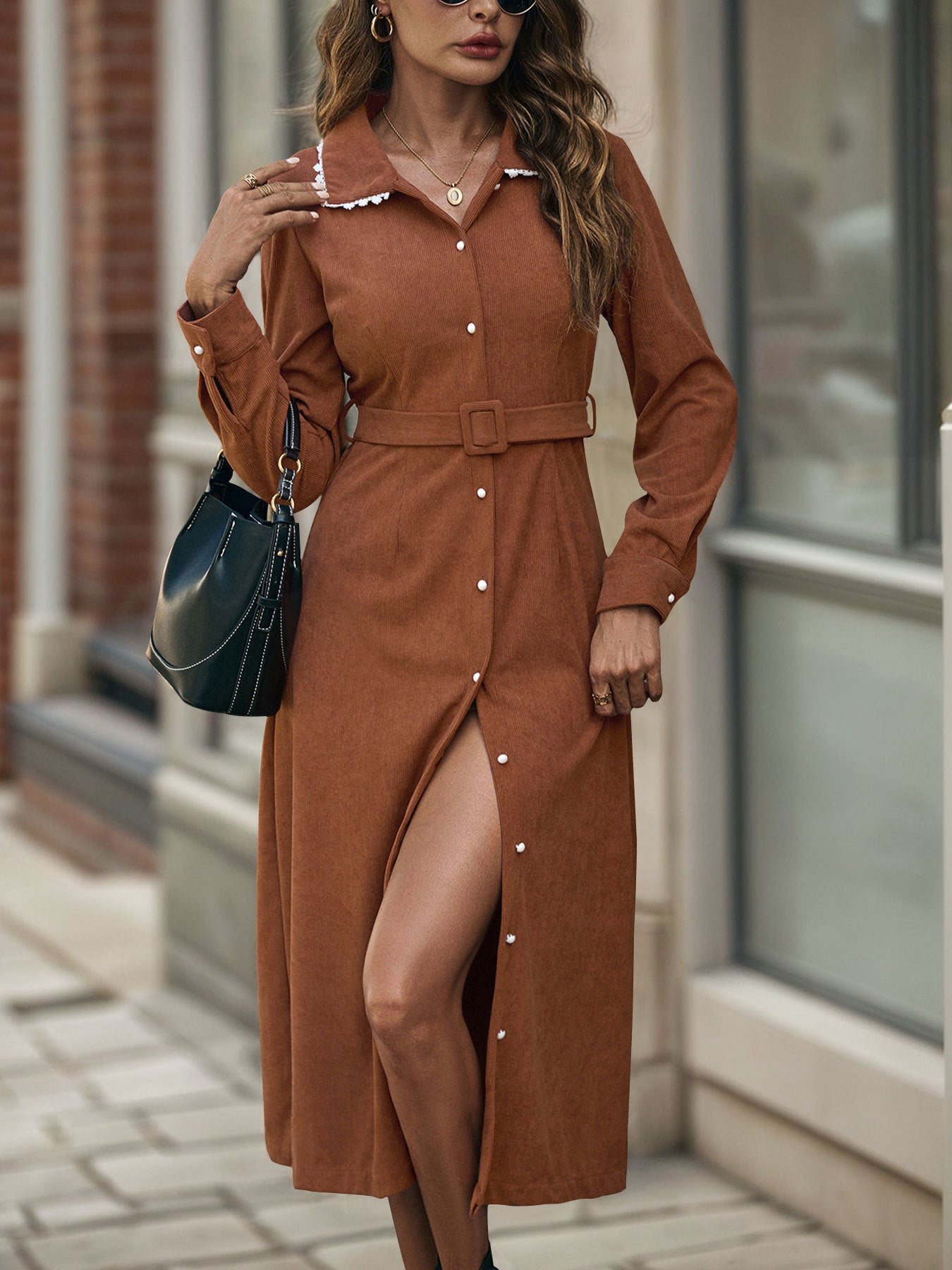 Retro Lace Collared Shirt Corduroy Dress