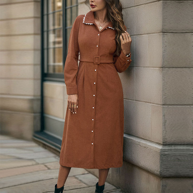 Retro Lace Collared Shirt Corduroy Dress