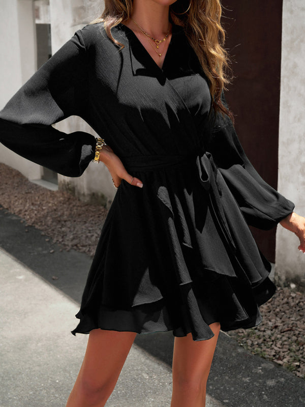V-neck elegant long-sleeved multi-layered dress Black Image principale du produit