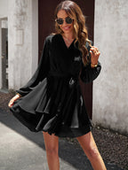 V-neck elegant long-sleeved multi-layered dress Black 2
