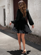 V-neck elegant long-sleeved multi-layered dress Black 3