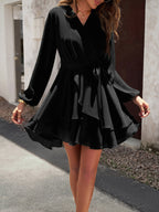 V-neck elegant long-sleeved multi-layered dress Black 4