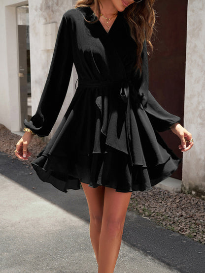 V-neck elegant long-sleeved multi-layered dress Black 4