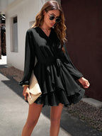 V-neck elegant long-sleeved multi-layered dress Black 5