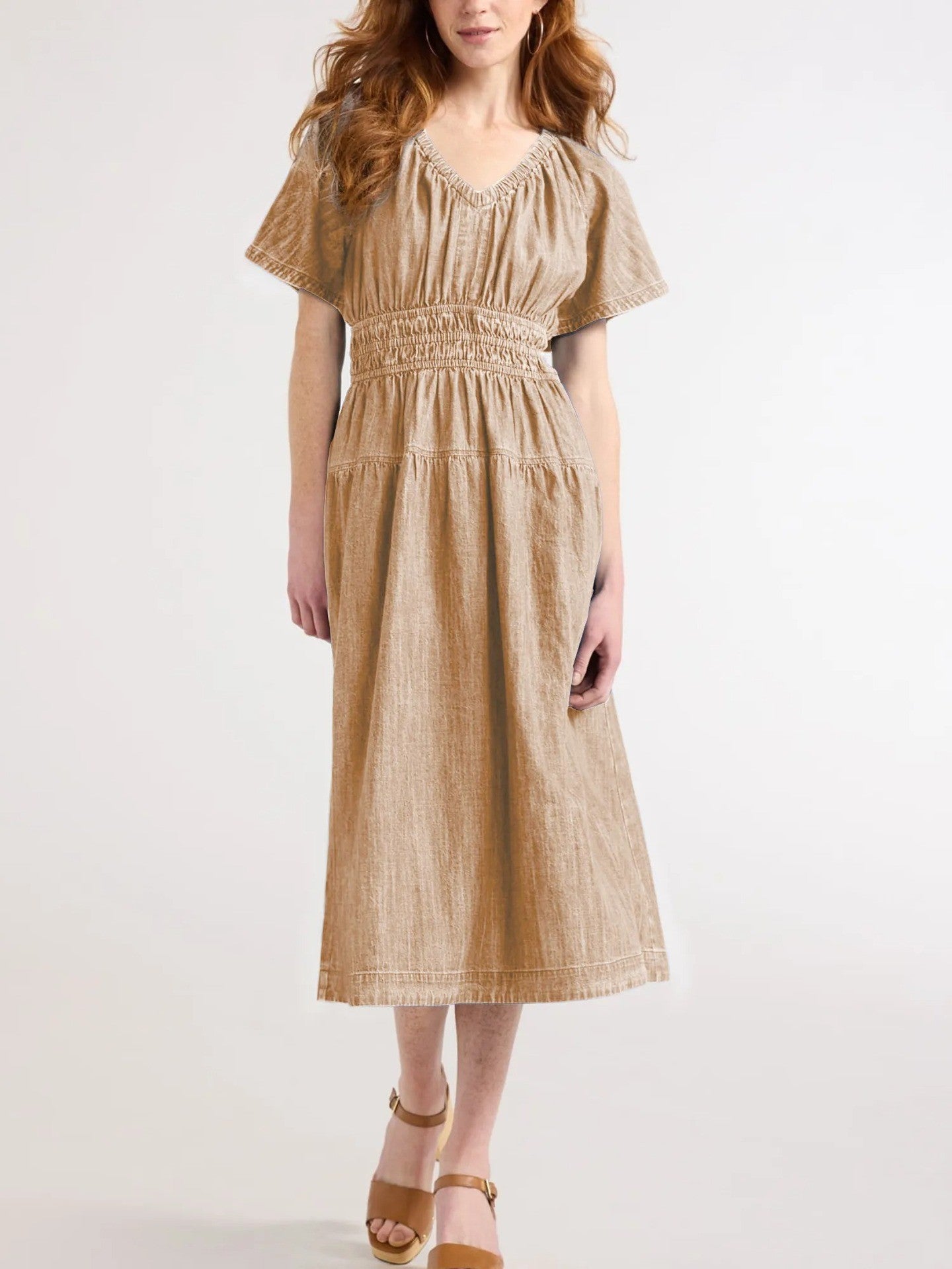 V neck Pleated Waist Tight Slimming Dress 3