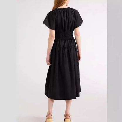 V neck Pleated Waist Tight Slimming Dress Black 3