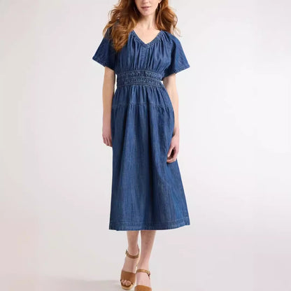 V neck Pleated Waist Tight Slimming Dress Blue 5
