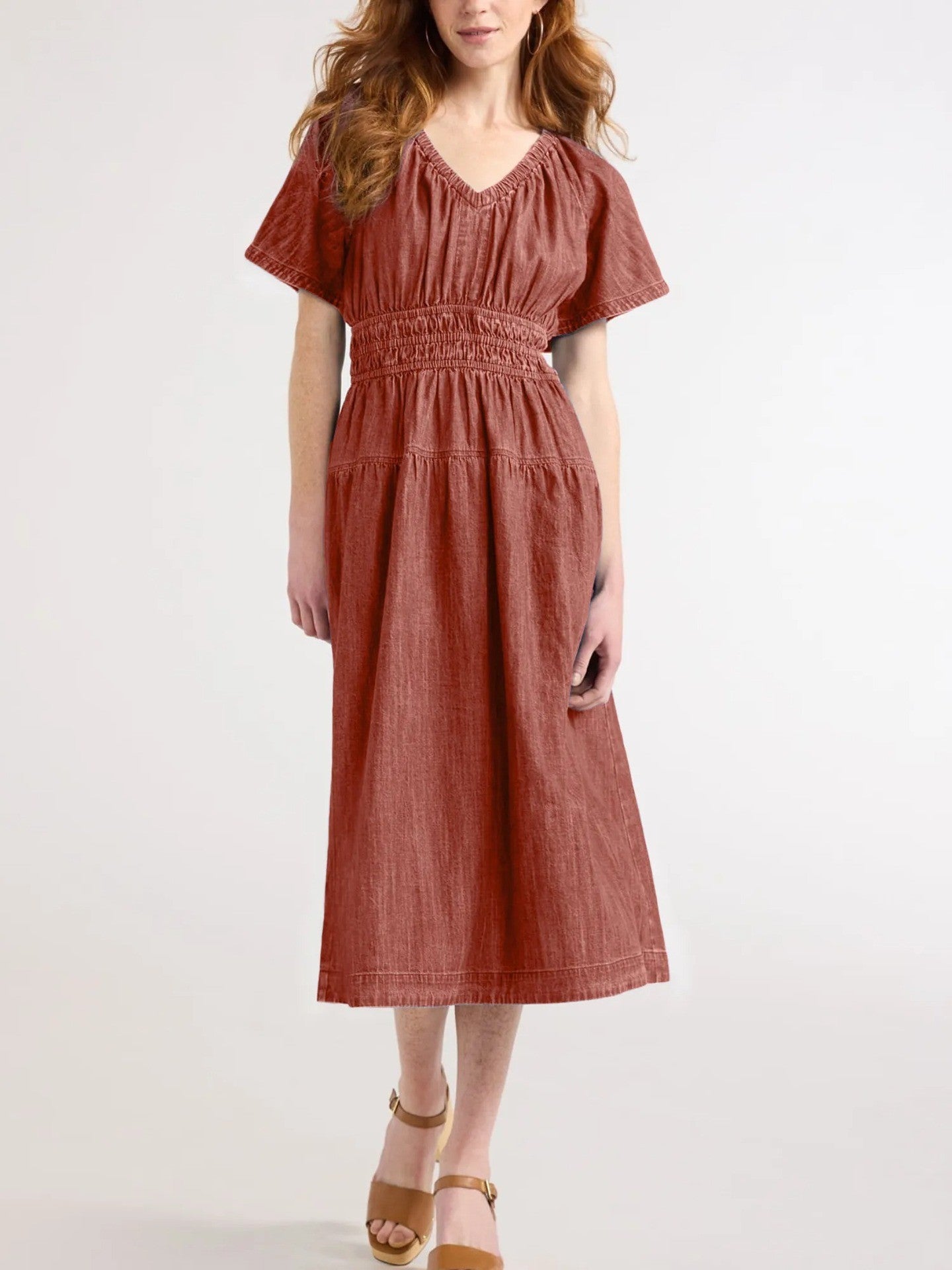 V neck Pleated Waist Tight Slimming Dress Red 2