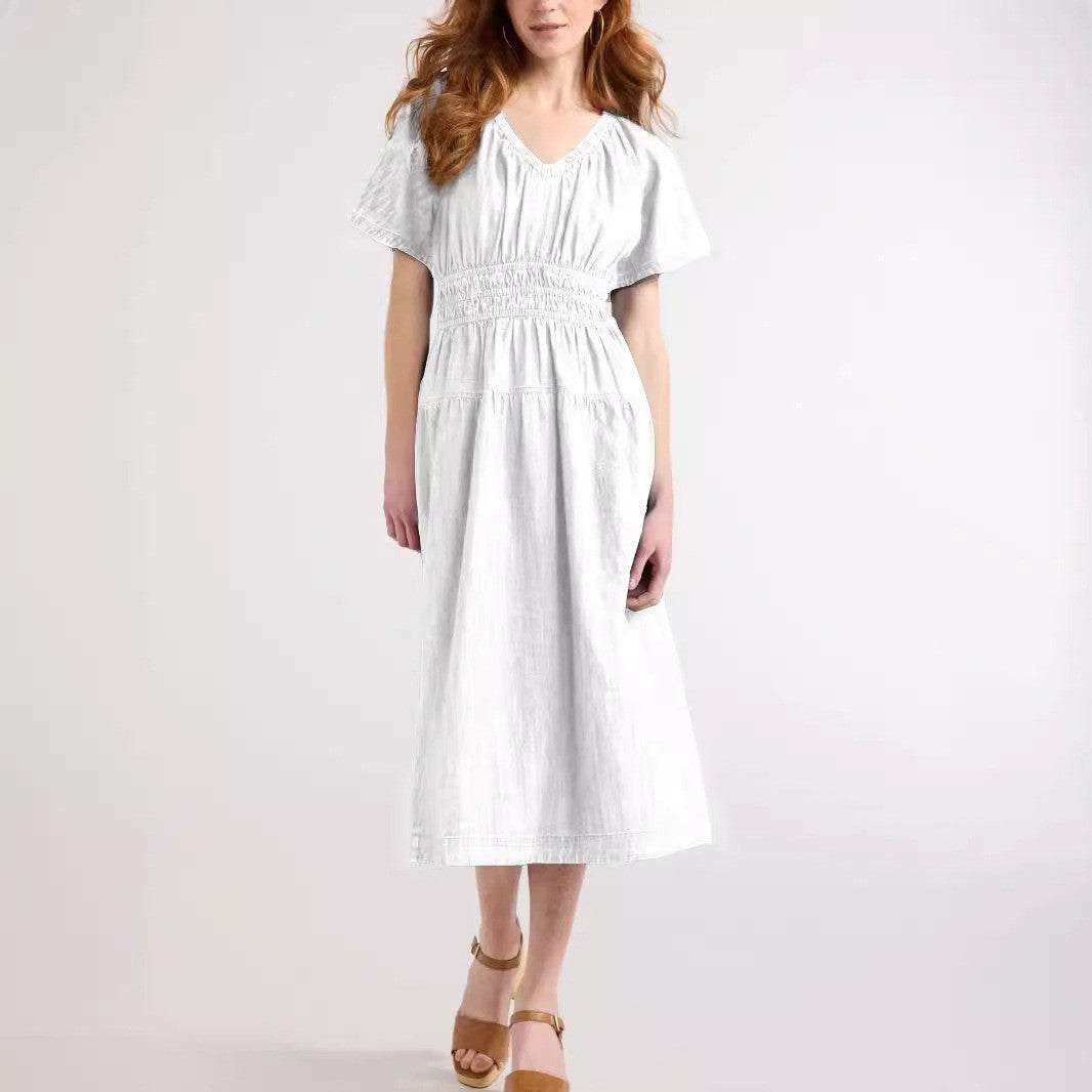 V neck Pleated Waist Tight Slimming Dress White