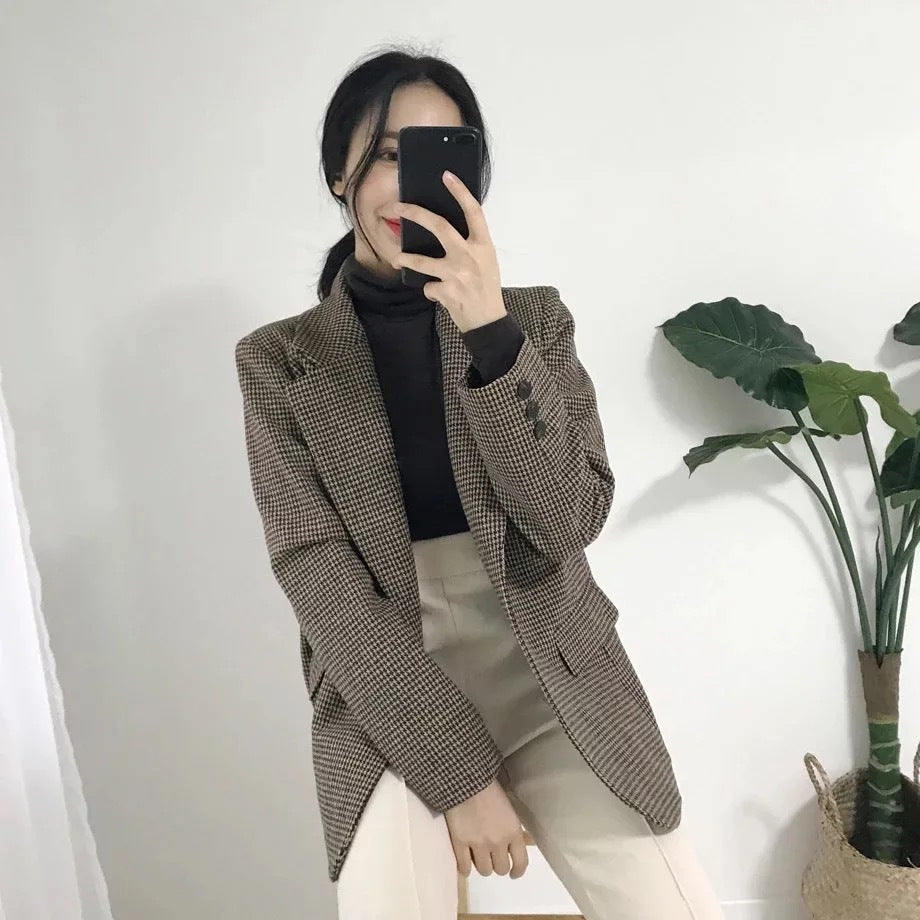 Houndstooth Retro Loose Slimming Woolen Blazer