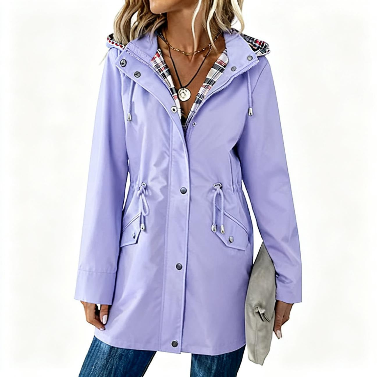 Ladies Hooded Drawstring Nipped-waist Plaid Coat Imagen secundaria del producto