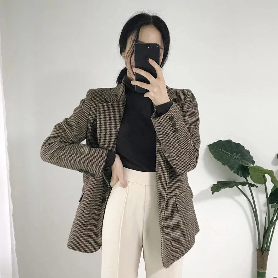 Houndstooth Retro Loose Slimming Woolen Blazer Imagen principal del producto