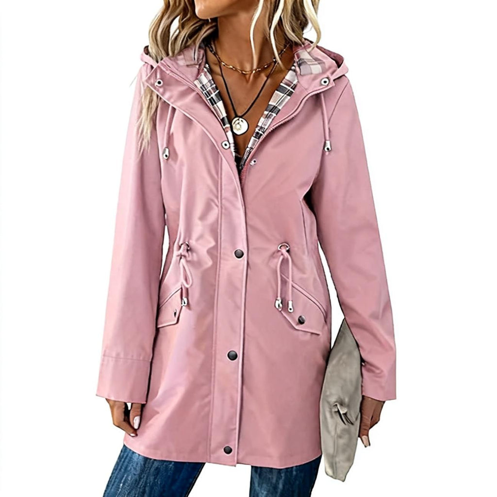 Ladies Hooded Drawstring Nipped-waist Plaid Coat