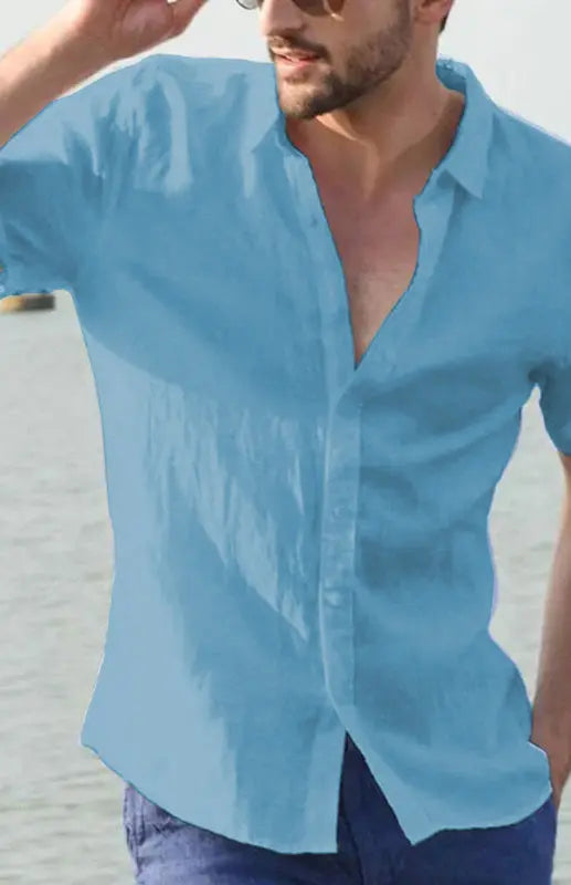 Men's Casual Linen Lapel Button Short-Sleeved Shirt - Ladoj