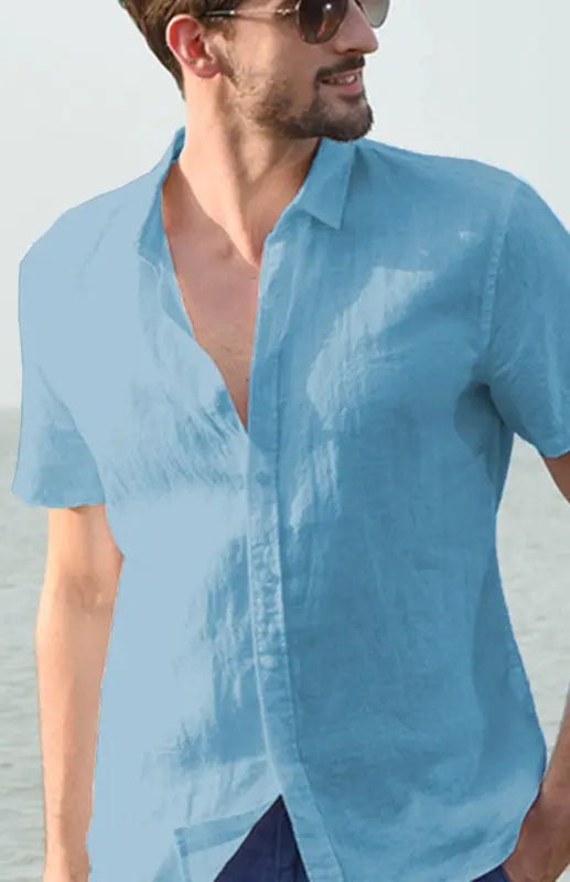 Men's Casual Linen Lapel Button Short-Sleeved Shirt - Ladoj