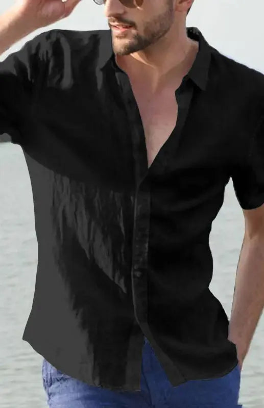 Men's Casual Linen Lapel Button Short-Sleeved Shirt - Ladoj