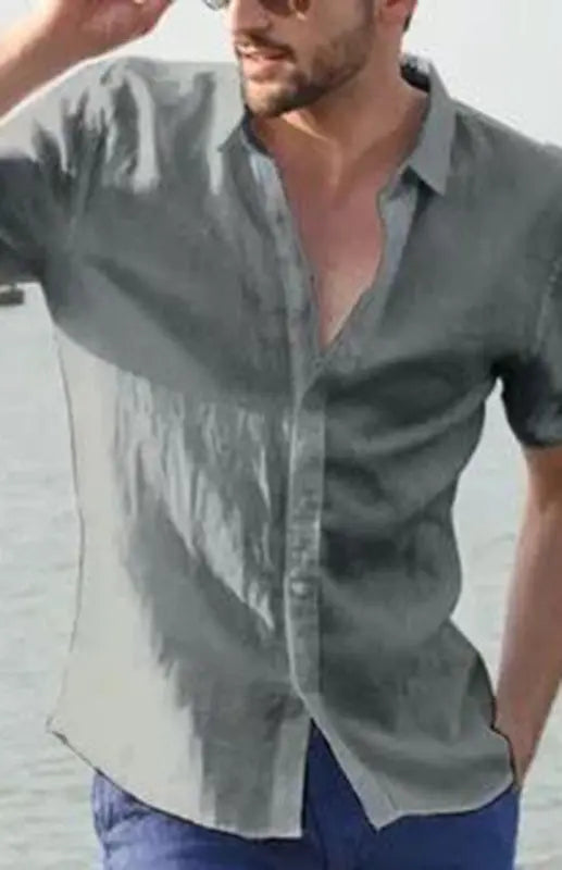 Men's Casual Linen Lapel Button Short-Sleeved Shirt - Ladoj
