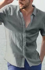 Men's Casual Linen Lapel Button Short-Sleeved Shirt - Ladoj