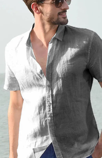 Men's Casual Linen Lapel Button Short-Sleeved Shirt - Ladoj
