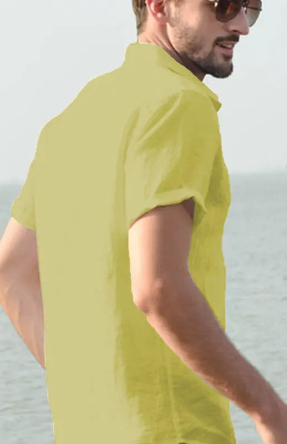 Men's Casual Linen Lapel Button Short-Sleeved Shirt - Ladoj