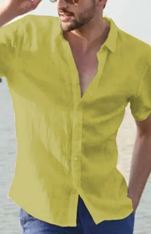Men's Casual Linen Lapel Button Short-Sleeved Shirt - Ladoj