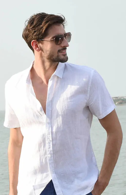 Men's Casual Linen Lapel Button Short-Sleeved Shirt - Ladoj