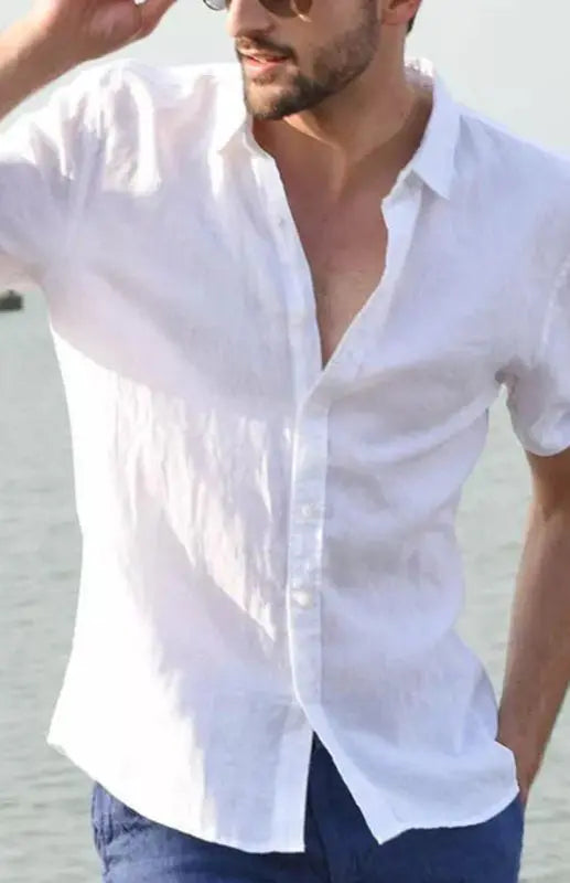 Men's Casual Linen Lapel Button Short-Sleeved Shirt - Ladoj
