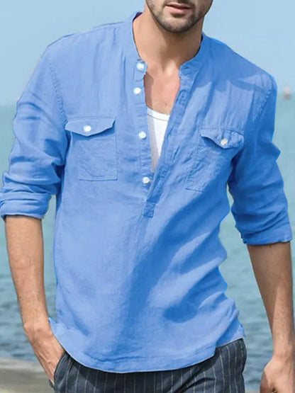 Men's Solid Color Cotton Linen Pocket Shirt kakaclo