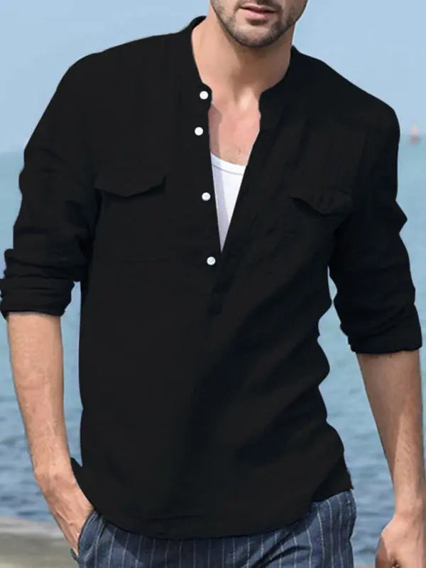 Men's Solid Color Cotton Linen Pocket Shirt kakaclo