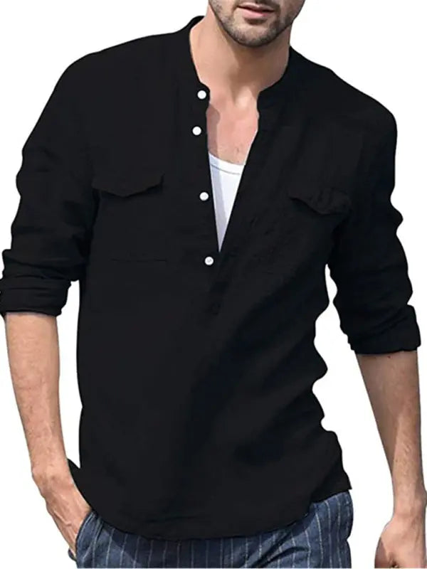 Men's Solid Color Cotton Linen Pocket Shirt kakaclo