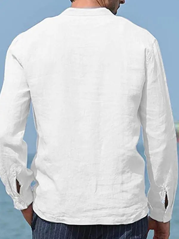 Men's Solid Color Cotton Linen Pocket Shirt kakaclo