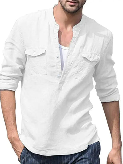 Men's Solid Color Cotton Linen Pocket Shirt kakaclo