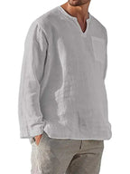 Men's Long Sleeve V Neck Casual Beach Linen Shirt kakaclo