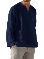 Men's Long Sleeve V Neck Casual Beach Linen Shirt kakaclo