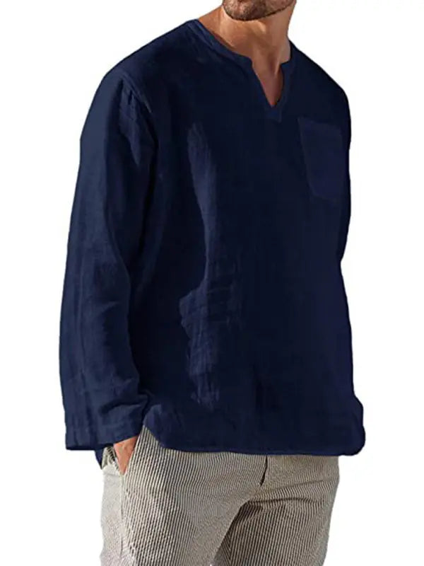 Men's Long Sleeve V Neck Casual Beach Linen Shirt kakaclo