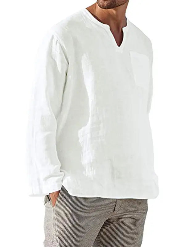 Men's Long Sleeve V Neck Casual Beach Linen Shirt kakaclo