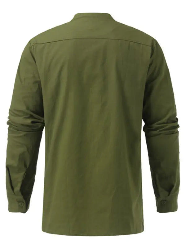 Men's Woven Retro Lace Up Casual Long Sleeve Shirt with Stand Collar - Ladoj