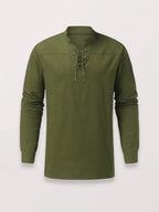 Men's Woven Retro Lace Up Casual Long Sleeve Shirt with Stand Collar - Ladoj
