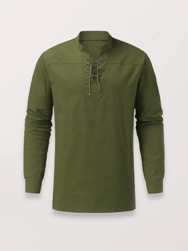 Men's Woven Retro Lace Up Casual Long Sleeve Shirt with Stand Collar - Ladoj