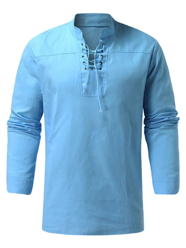 Men's Woven Retro Lace Up Casual Long Sleeve Shirt with Stand Collar - Ladoj