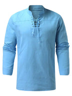 Men's Woven Retro Lace Up Casual Long Sleeve Shirt with Stand Collar - Ladoj