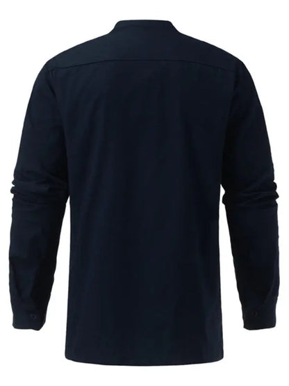 Men's Woven Retro Lace Up Casual Long Sleeve Shirt with Stand Collar - Ladoj